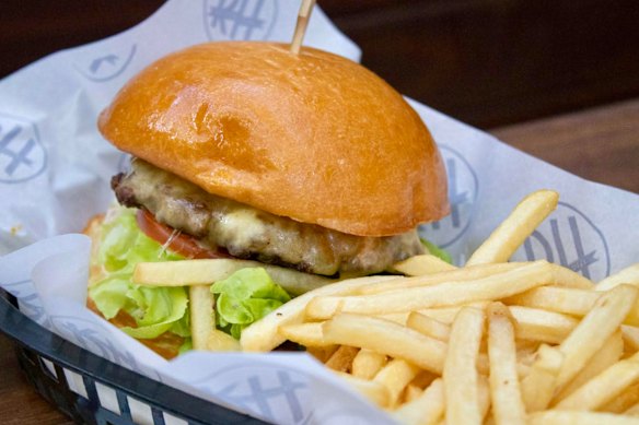 The beef burger with chips at The Rainbow Hotel in Fitzroy.