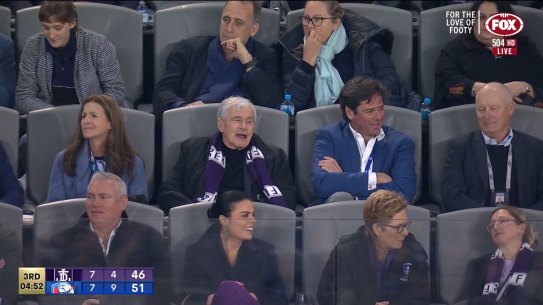 Seven West Media chairman Kerry Stokes sits alongside AFL boss Gill McLachlan in Western Australia on Saturday night.