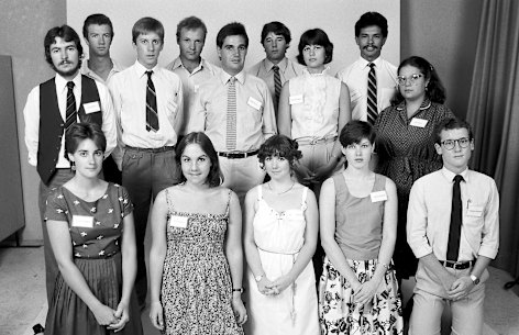 Fairfax’s cadet intake (including for the Herald) for 1982. From left (back row). Paul Loudon, Peter Hartcher, David Monaghan, Stephen Rice, Peter Denton, Andrew Keenan, Belinda Chayko, John Hill and Jenna Price. From left (front row), Amanda Buckley, Anne Hayward, Samantha Harrison, Patricia Sheahan and Stephen Hutcheon.
