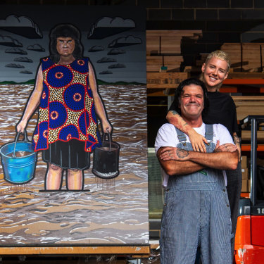 Artists Blak Douglas and friend, fellow artist Kim Leutwyler, drop off their Archibald entries at the Art Gallery of NSW. Blak Douglas’s entry of Lismore artist Karla Dickens, is behind titled Moby Dickens.