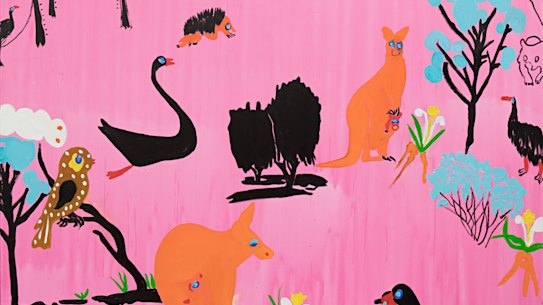 The black swan of trespass, by Katherine Hattam; oil on linen, 217cm x 155cm (framed), $17,500; Artwork Photograph by Clare Rae.