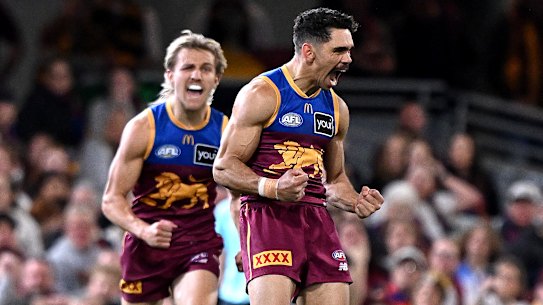 Charlie Cameron celebrates a goal in the Lions’ victory over Hawthorn. 