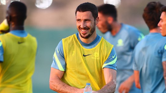 UBAI, UNITED ARAB EMIRATES - MAY 27: Mathew Leckie of Australia looks on during an Australian Socceroos training session on May 27, 2021 in Dubai, United Arab Emirates. (Photo by Francois Nel/Getty Images)
