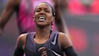 Faith Kipyegon, from Kenya, approaches the finish line.