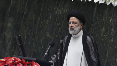 President Ebrahim Raisi delivers a speech after taking his oath.
