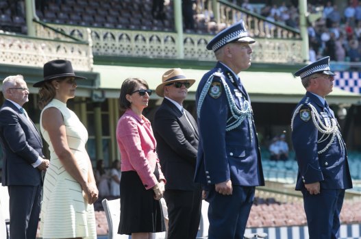 Prime Minister Scott Morrison and NSW Premier Gladys Berejiklian and NSW Police Commissioner Mick Fuller during the NSW Police Force classes of 2020 Attestation Parade at Sydney Cricket Ground. 4th December 2020.