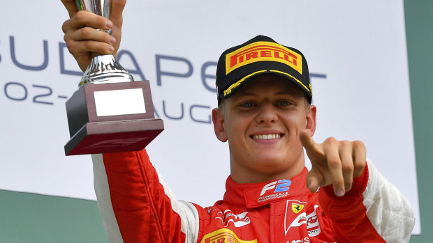 Mick Schumacher celebrates his breakthrough Formula Two win in Hungary.