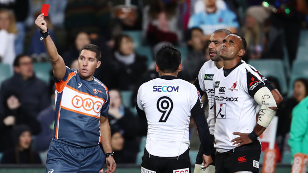 Marching orders: Semisi Masirewa of the Sunwolves reacts after being sent off by referee Federico Answlmi.