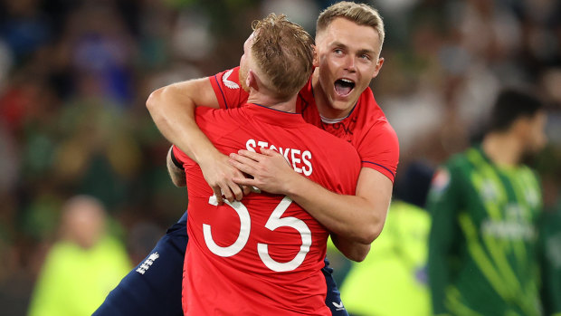 Sam Curran embraces Ben Stokes.