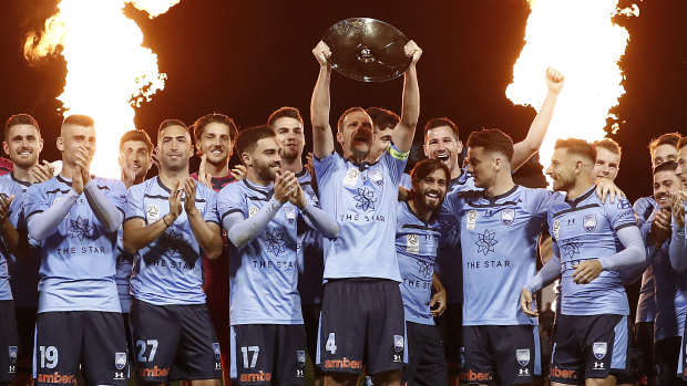 Sydney FC celebrate another A-League premiers plate, their third in the past four seassons.