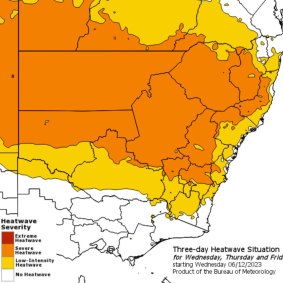 A Bureau of Meteorology heatwave map shows most of NSW impacted.