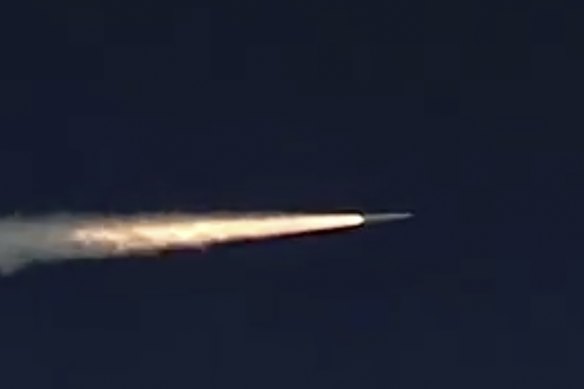 A Russian hypersonic missile flies during a test in southern Russia.  