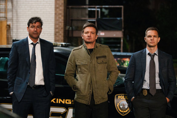 Jeremy Renner (centre) plays Mike, a self-appointed middle-man and ex-con who negotiates peace between prison inmates and guards in Mayor of Kingstown.