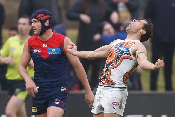Josh Kelly makes his feelings clear after scoring for the Giants in their win over Melbourne.