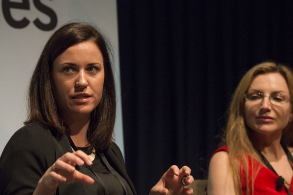 Erin Watson-Lynn (left) speaking at an Australian Financial Review event in 2015.