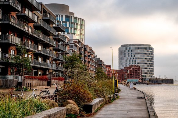 Waterfront apartment developments along the Nordhavn Bassin in Copenhagen, Denmark.