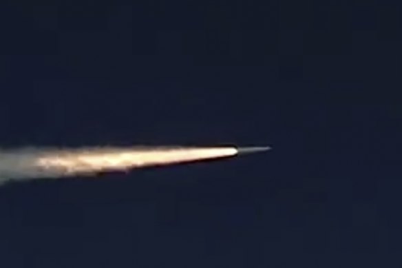 A Russian Kinzhal hypersonic missile flies during a test in southern Russia.