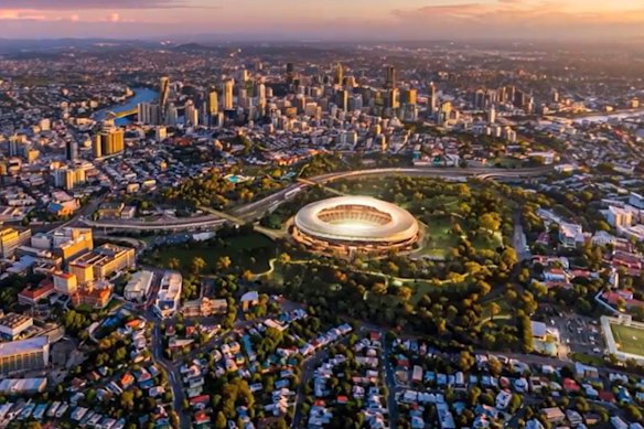An artist’s impression of the planned Brisbane Stadium in Victoria Park. Construction of this facility and others could draw workers from WA.