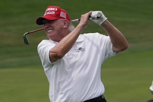 Donald Trump plays during the pro-am round of the Bedminster Invitational LIV Golf tournament in Bedminster in 2024.