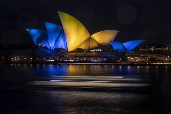 The NSW government lit the Opera House sails blue and yellow in solidarity with Ukraine in February 2022.