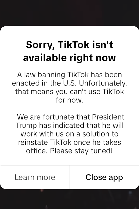 The message displayed to US TikTok users on Sunday.