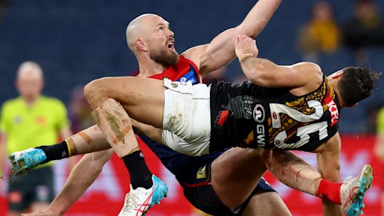 Max Gawn of the Demons and Toby Nankervis of the Tigers compete in the ruck.