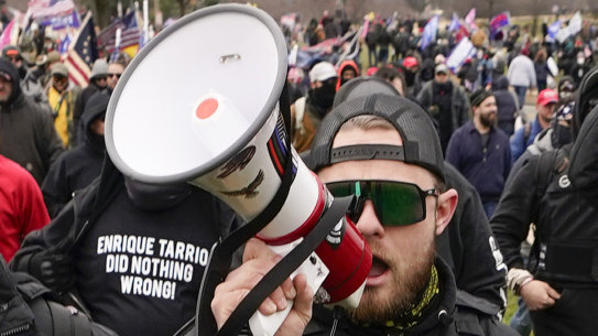 Proud Boy member Ethan Nordean walks toward the US Capitol in Washington, in support of President Donald Trump on January 6, 2021.