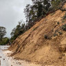 The slow-moving landslide that has closed Bogong High Plains Road after heavy rain last year.