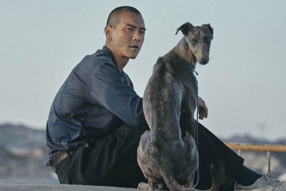 Eddie Peng in Black Dog with the co-star who later became his pet.