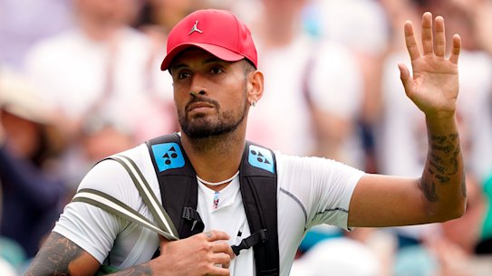 Nick Kyrgios dares to wear a red baseball cap after his fourth-round match at Wimbledon this week.