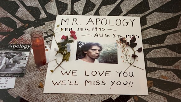 A memorial for artist Allan Bridge, who started the Apology Line, in New York City’s Central Park in 1995.