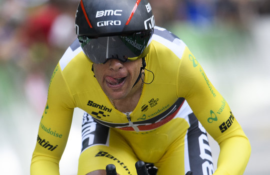 Richie Porte, of BMC Racing, crosses the line at the end of the 34.1-kilometre time trial at the Tour de Suisse on Sunday.
