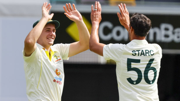 Cameron Green and Mitchell Starc celebrate a wicket against South Africa.