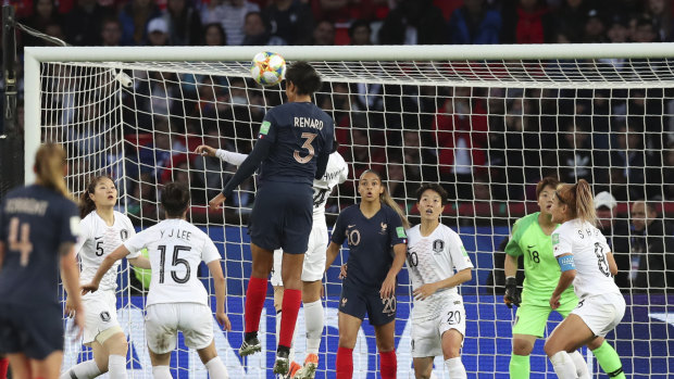 Wendie Renard (3) scoring her third goal for France against South Korea. 