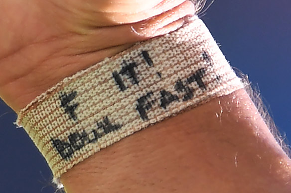 The wristband Mitchell Starc wore on his bowling arm during the first Test against New Zealand in December. 