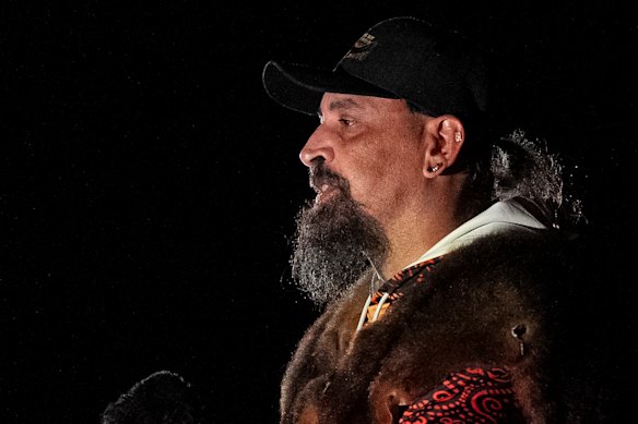 Uncle Mark Brown conducts the Welcome to Country during Dawn Service at the Shrine of Remembrance in Melbourne on Saturday.