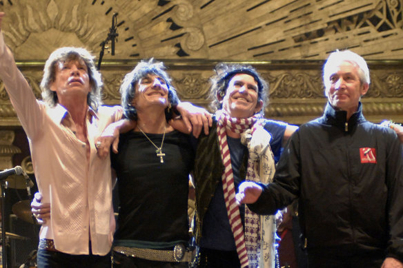 Charlie Watts (right) died before this documentary was made but his Rolling Stones bandmates Mick Jagger, Ronnie Wood and Keith Richards are on hand to share joyful memories.