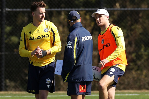 Brains trust: Clint Gutherson (left), Brad Arthur and Mitchell Moses (right) at a recent Eels training session.