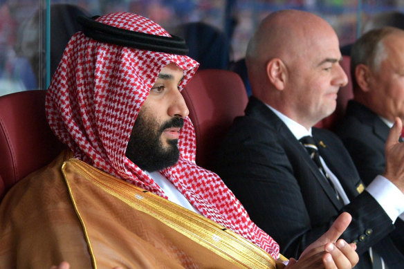Saudi Arabia’s Crown Prince Mohammed Bin Salman Al Saud with FIFA president Gianni Infantino.