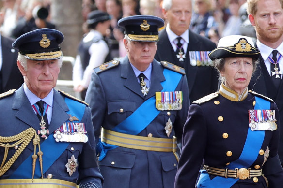 King Charles III, Prince Richard and Princess Anne walk behind the coffin during the procession for the lying-in- state of Queen Elizabeth.