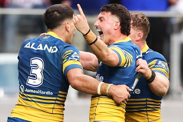 Jonah Pezet celebrates his match-winning try against Manly.