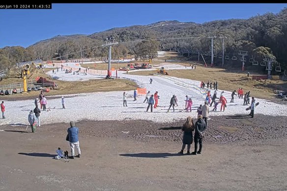 Younger skiers pictured on the Thredbo snow cam at Friday Flat on Monday.