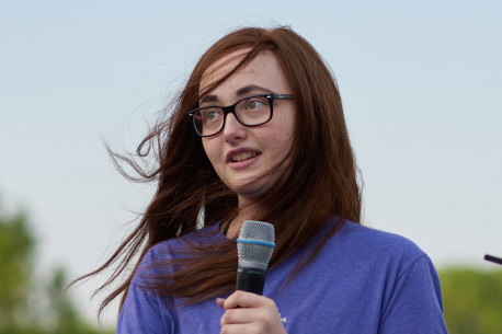 Amara Strande speaking at Tartan High School’s Relay For Life cancer fundraiser in 2018, a year after she was diagnosed with liver cancer.