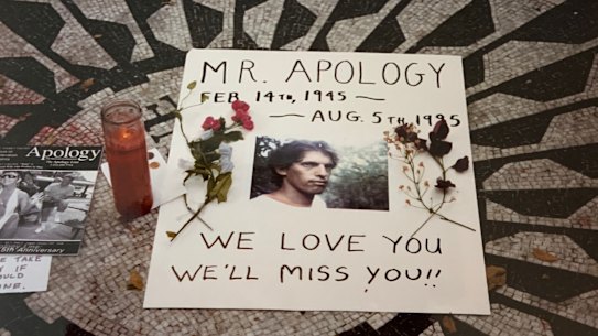 A memorial for artist Allan Bridge, who started the Apology Line, in New York City’s Central Park in 1995.