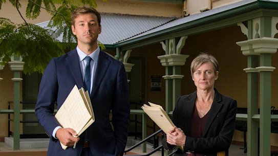 NSW Aboriginal legal service lawyers Binnie O'Dwyer and Riley Owen outside the Casino Court House. 