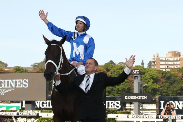 Winx, with jockey Hugh Bowman and trainer Chris Waller, after her final win in the 2019 Queen Elizabeth Stakes.