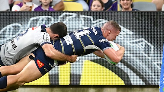 Tom Gilbert scores a stunning a solo try for the Cowboys.