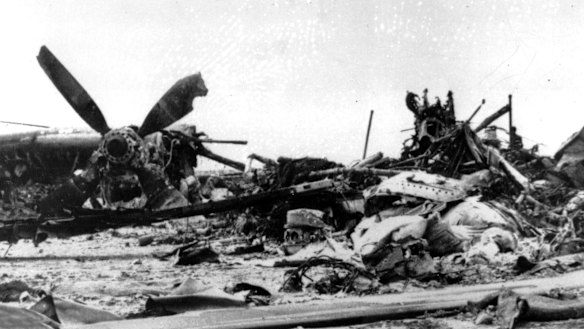 The scorched wreckage of an American C-130 Cargo aircraft in the Iranian desert of Dasht-E-Kavir, approximately 500 kilometers from Tehran.