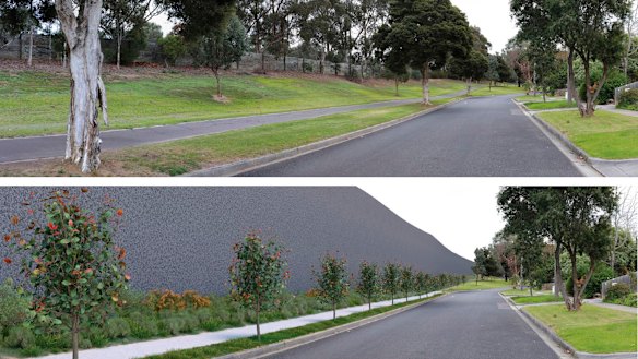 Bulleen's Estelle Street before and after images in a government document showing the 10-metre noise wall that would be built.