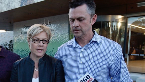 Alex Ross-King's mother, Jennie (left), speaks outside court next to her partner Andrew Murphy.
